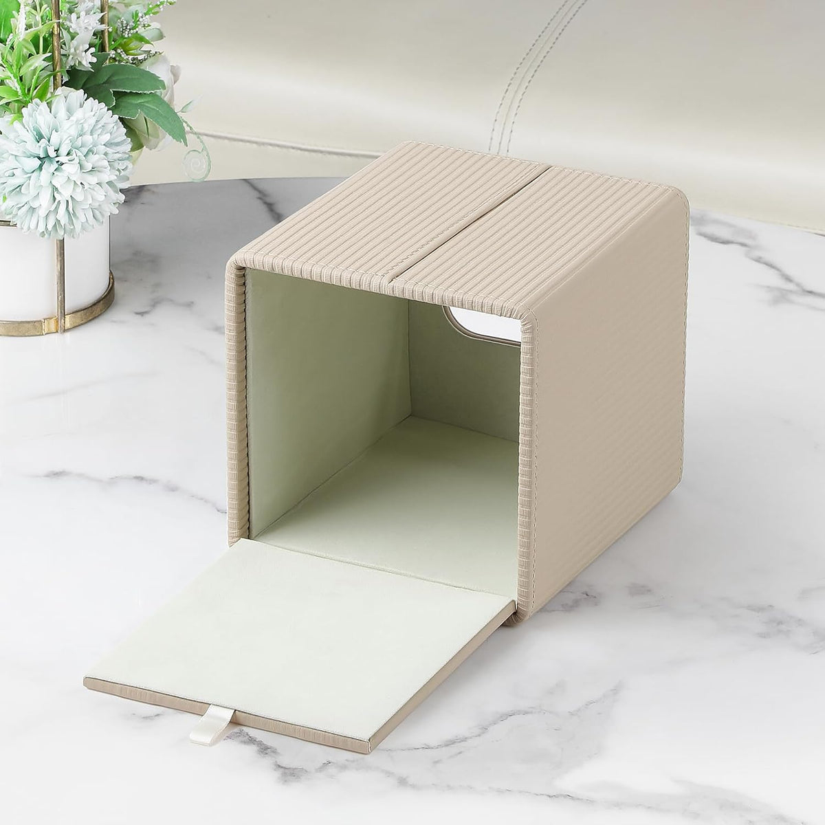 PU Leather Square Tissue Box Cover Tissue Box Holder Cube (Beige)