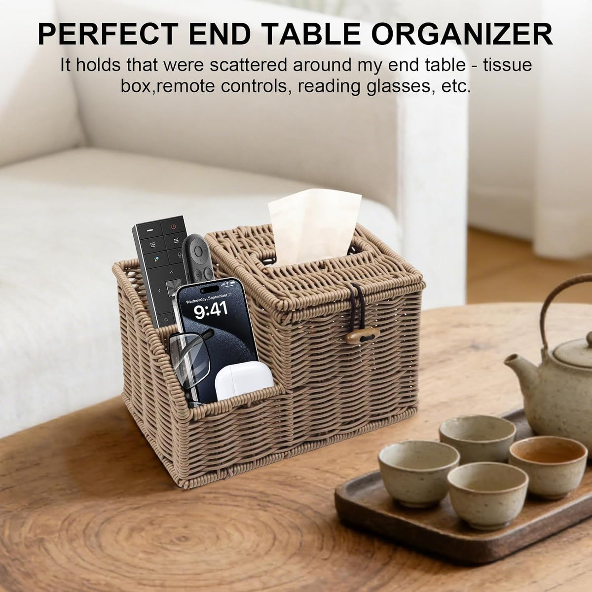 Woven Tissue Box Cover Square, Tissue Box Holder, Tissue Box Cover with Storage, Tissue Box Holder Remote Organizer, Bedside Nightstand Organizer for Bedroom/Bathroom/Office/Kitchen Countertop