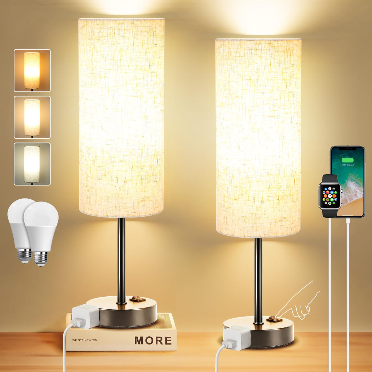 ZJOJO Table Lamp Set of 2, 13.8" Bedside Small Lamp for Bedroom Nightstand