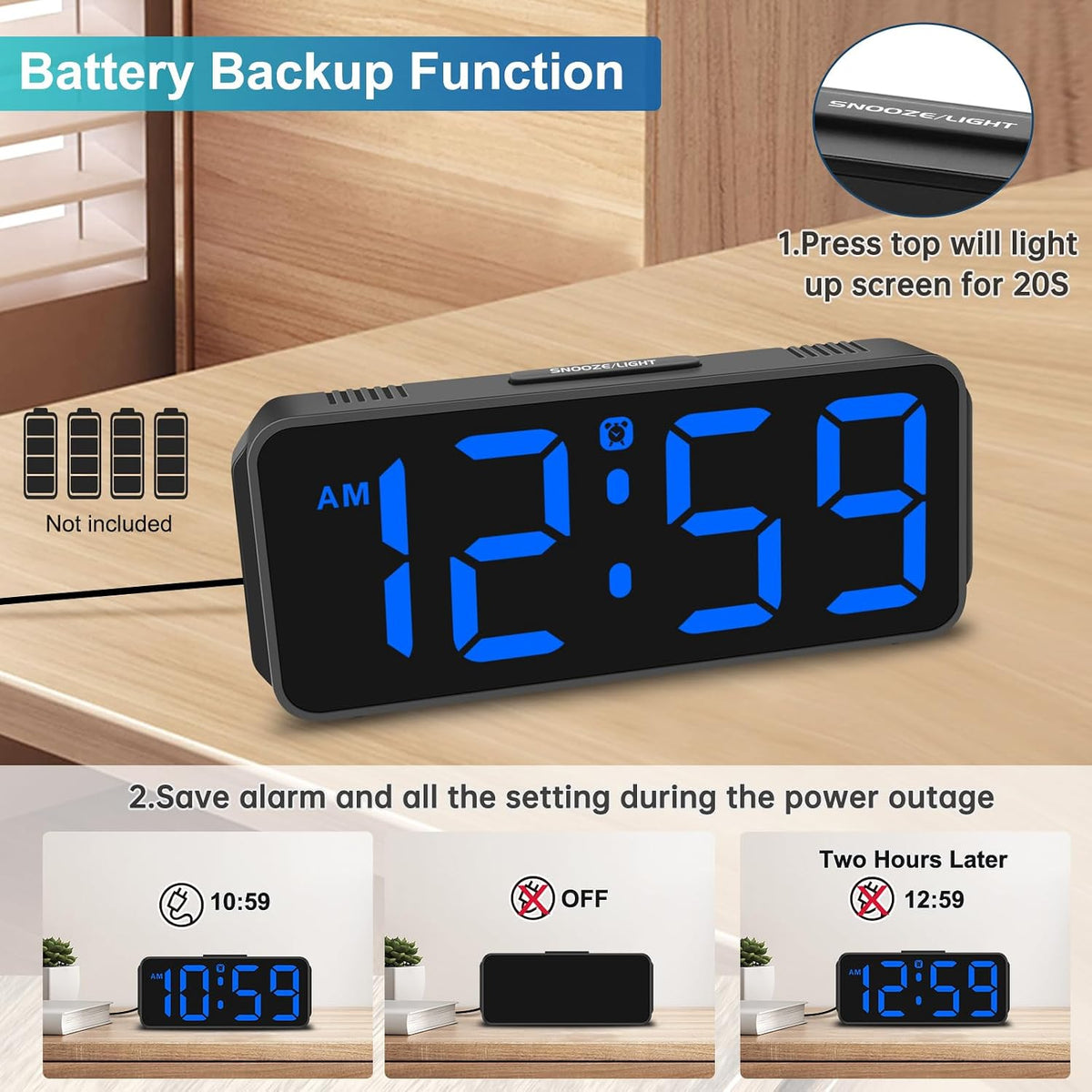 Peakeep Small Digital Alarm Clock for Bedroom, Large Number, Battery Backup