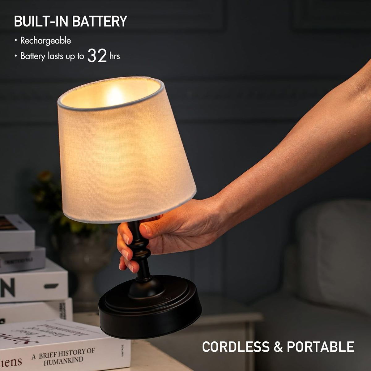O’Bright Seraph mini – Cordless LED Table Lamp with Dimmer, Built-in Rechargeable Battery, 3-Level Brightness, Patio Table Lamp, Bedside Night Lamp, Ambient Light for Restaurant, Black