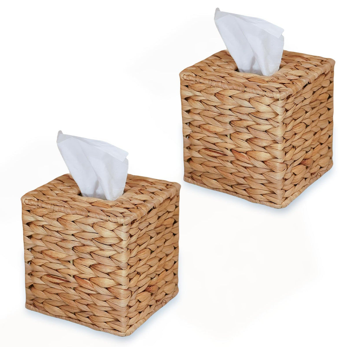 PINXIURY Water Hyacinth Handwoven Tissue Box Cover, Natural Handmade Wicker Napkin Box Holder, Handcrafted Square Facial Tissue, Rustic Decorative on Table and Bathroom, Office, Boho Decorative