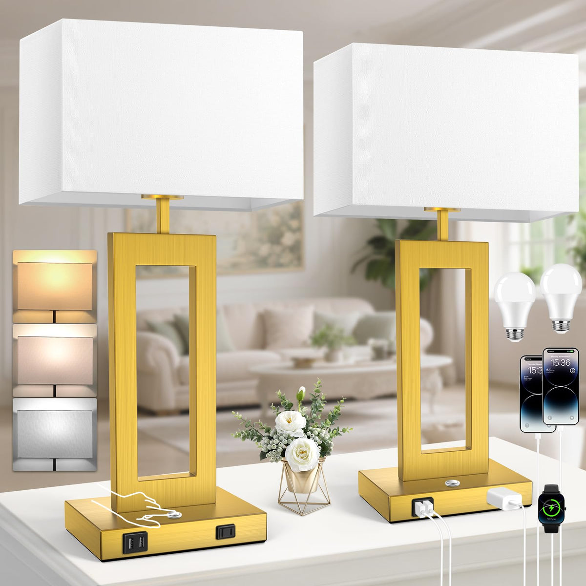 22’’ Touch Control Bedside Nightstand Lamps, Modern Table Lamps Set of 2