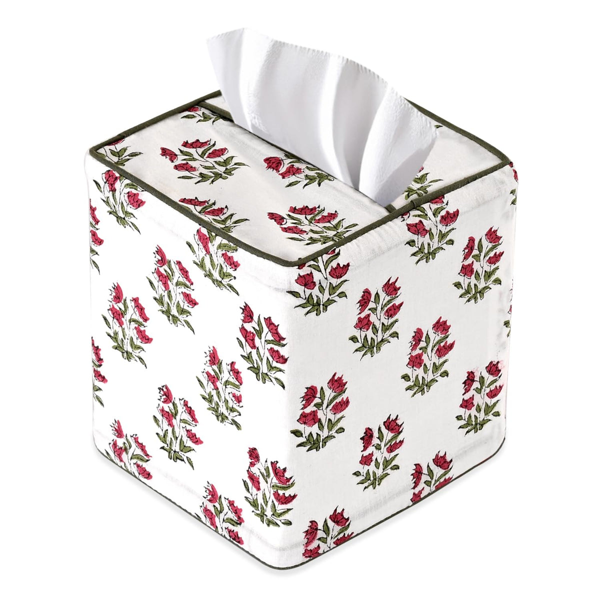 Ridhi Block Print 100% Cotton Square Tissue Box Cover Basil Green