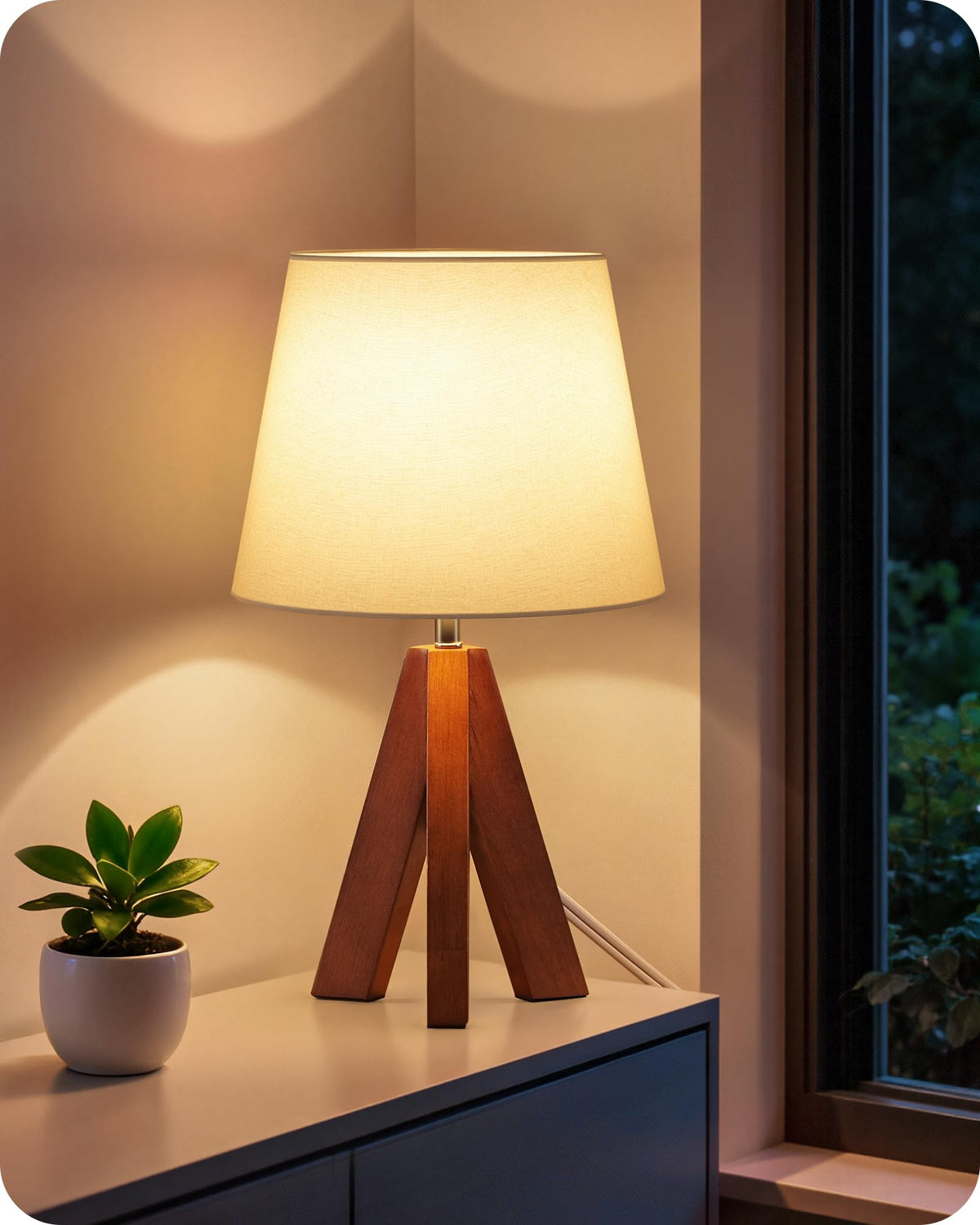 Tripod Table Lamp, 14.6 Inch Small Bedside Lamp with Beige Linen Shade, Modern Nightstand Lamp for Bedroom, Kids Room, Living Room, Nursery, Office, E26 Socket, Dark Wood Base, LE51TL05