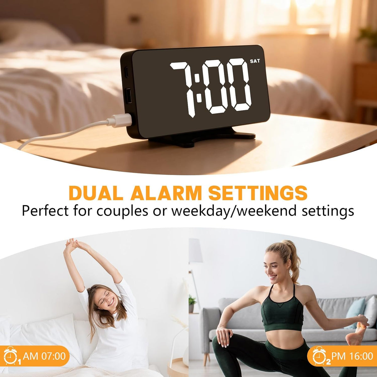 Digital Alarm Clock for Bedroom Dimmable Dual Desk Clock for Heavy Sleepers