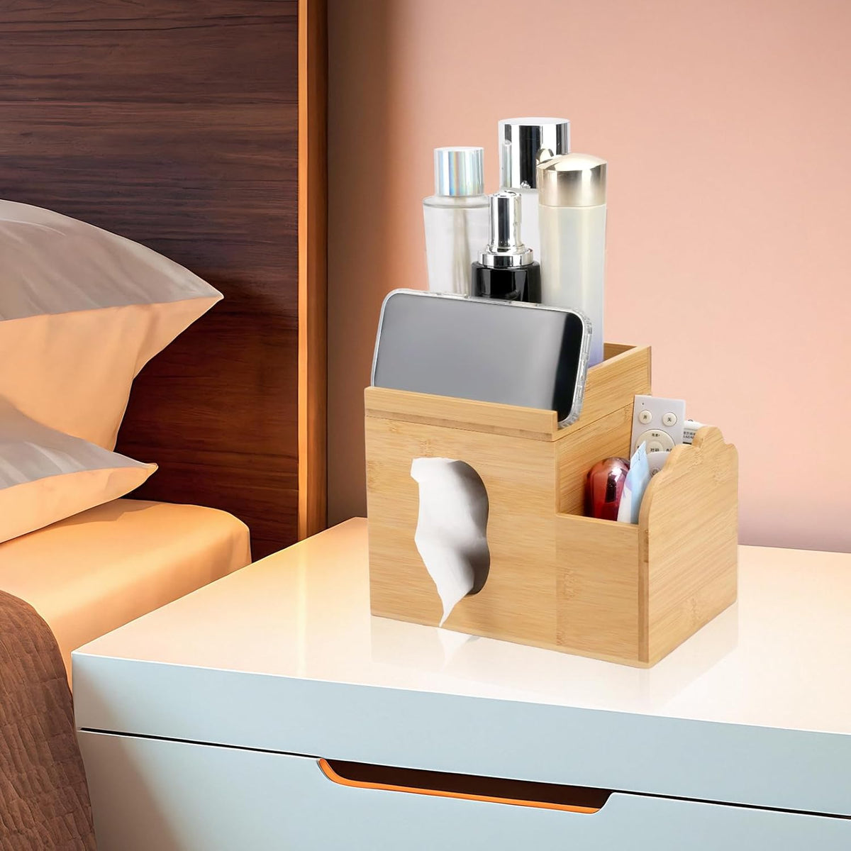 Tissue Box Cover with Storage Tray, Bamboo Multifunctional Square Tissue Holder with Makeup Organizer and Phone Holder, Remote Control Holder for Bathroom Desktop Dinner Table Bedroom