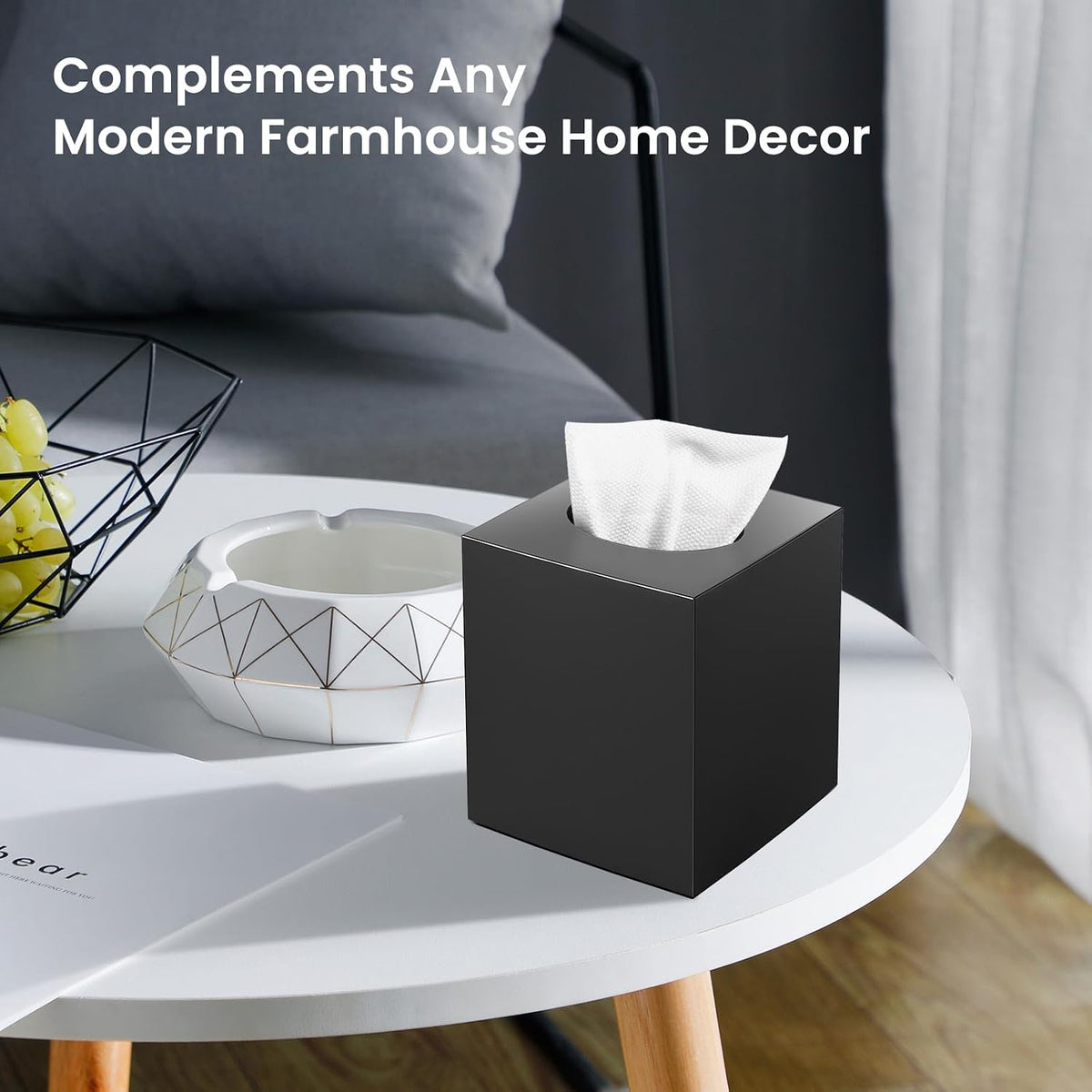 Tissue Box Cover, Square Plastic Tissue Holder with Non-Slip Base, Black