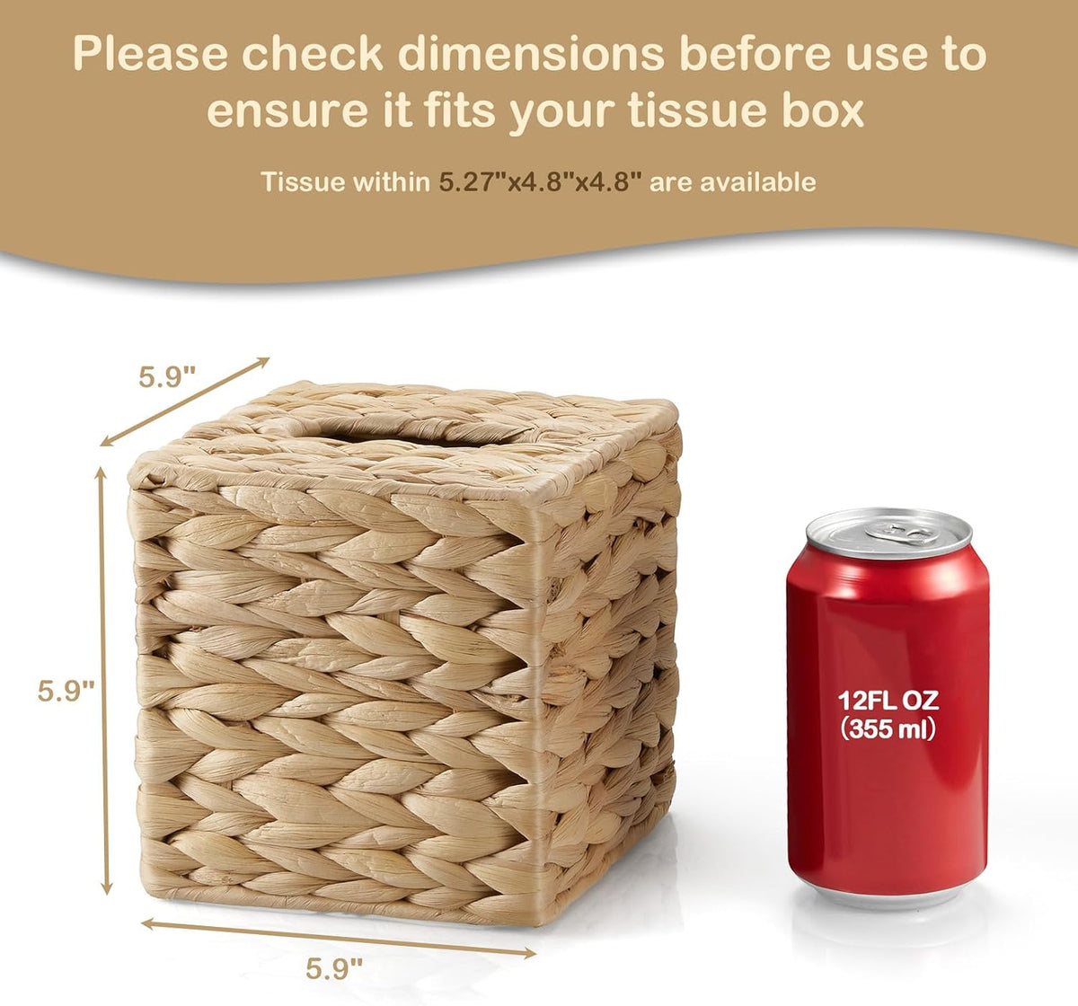 Tissue Box Cover Square, Water Hyacinth Hand-Woven Tissues Cube Box Holder, Woven Facial Tissue Holder for Bathroom Counter, Vanity, Bedroom, Office, Natural Boho Decorative