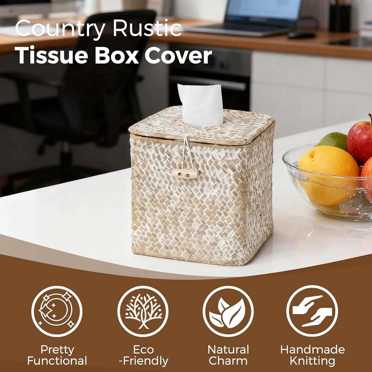 Seagrass Tissue Box Cover Square, Woven Wicker Tissue Box Holder, Whitewash