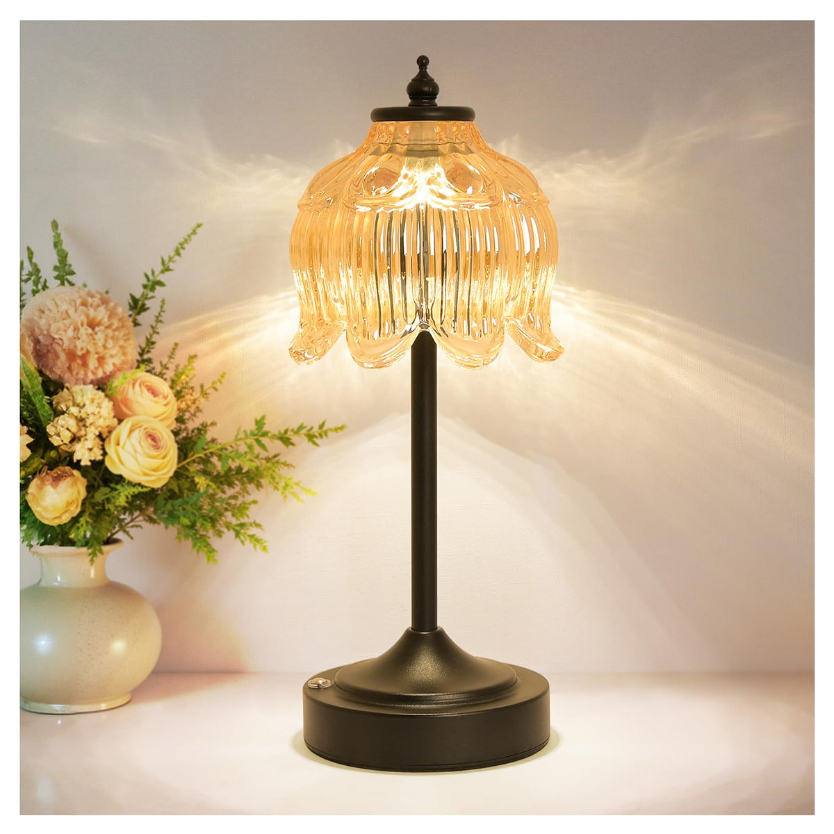Cordless Table Lamp, Rechargeable Amber Glass Lotus Flower Lamp