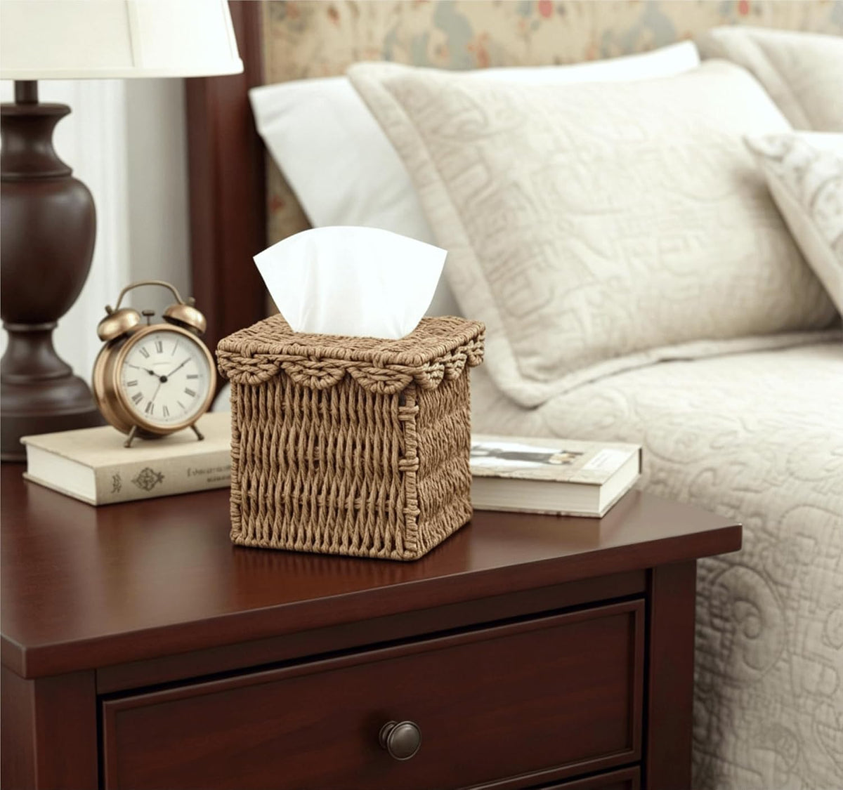 CubesLand Square Wicker Tissue Box Cover W/Scalloped Lid for Home Decor