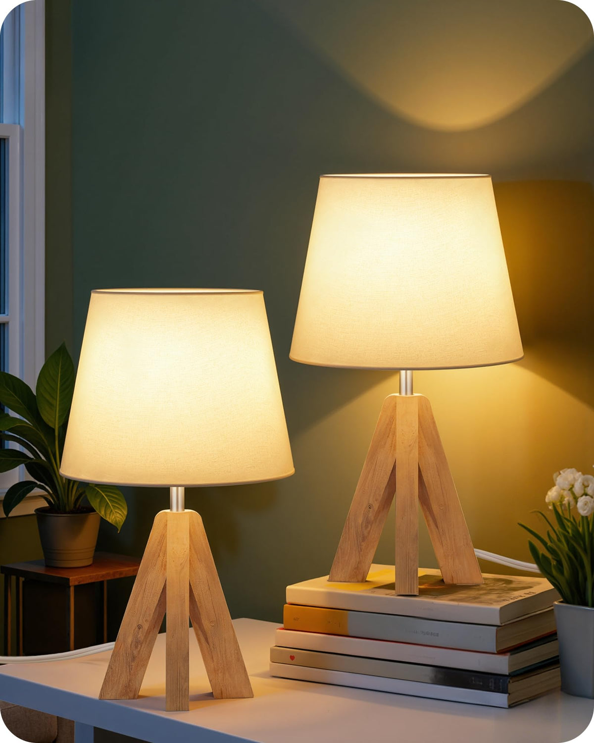 Tripod Table Lamp, 14.6 Inch Small Bedside Lamp with Beige Linen Shade, Modern Nightstand Lamp for Bedroom, Kids Room, Living Room, Nursery, Office, E26 Socket, Dark Wood Base, LE51TL05