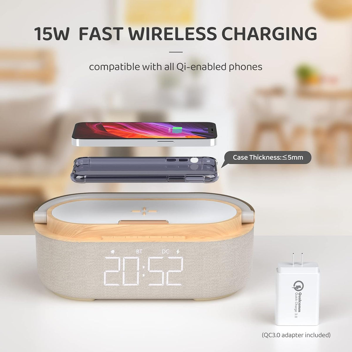 Bluetooth Speaker Alarm Clock & Wireless Charger for Bedside, Home, Office