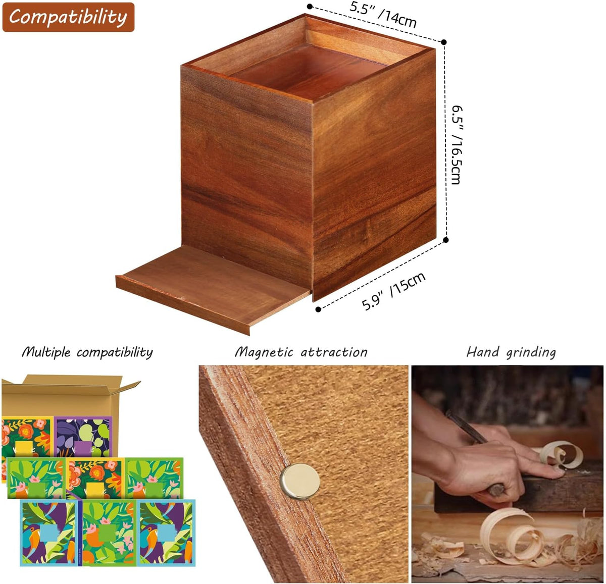 Square Tissue Box Cover with Storage Tray, Acacia Wood Tissue Box Holder