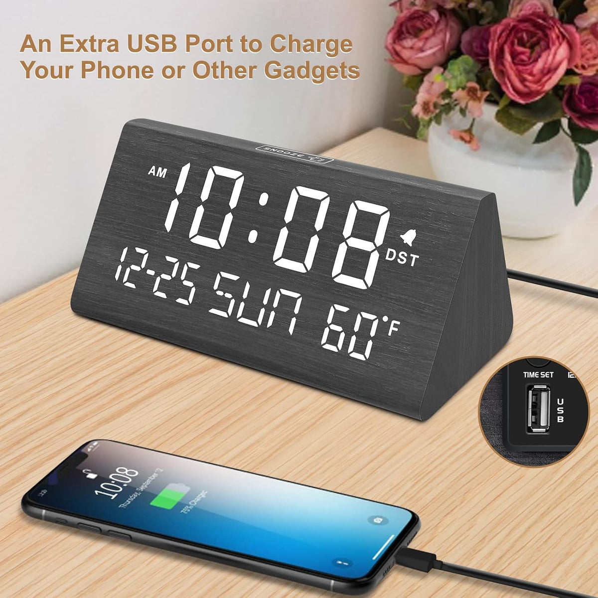 DreamSky Digital Alarm Clock for Bedrooms - Wooden Desk Clock with Date