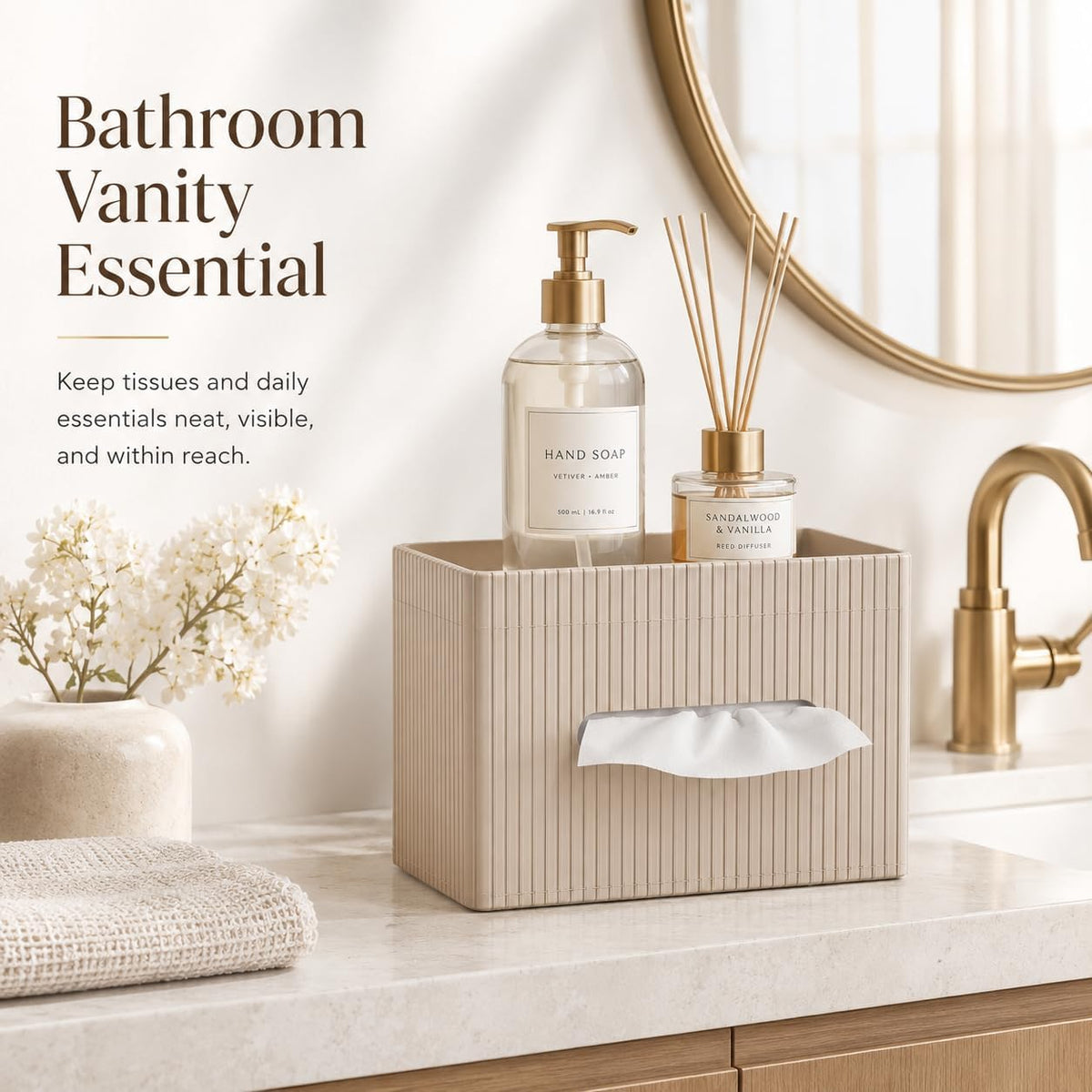 KINGFOM Ribbed PU Leather Tissue Box Cover with Storage Tray, Rectangular Facial Tissue Holder for Bathroom Vanity, Nightstand & Office Desk, Modern Decorative Tissue Dispenser (Warm Beige)