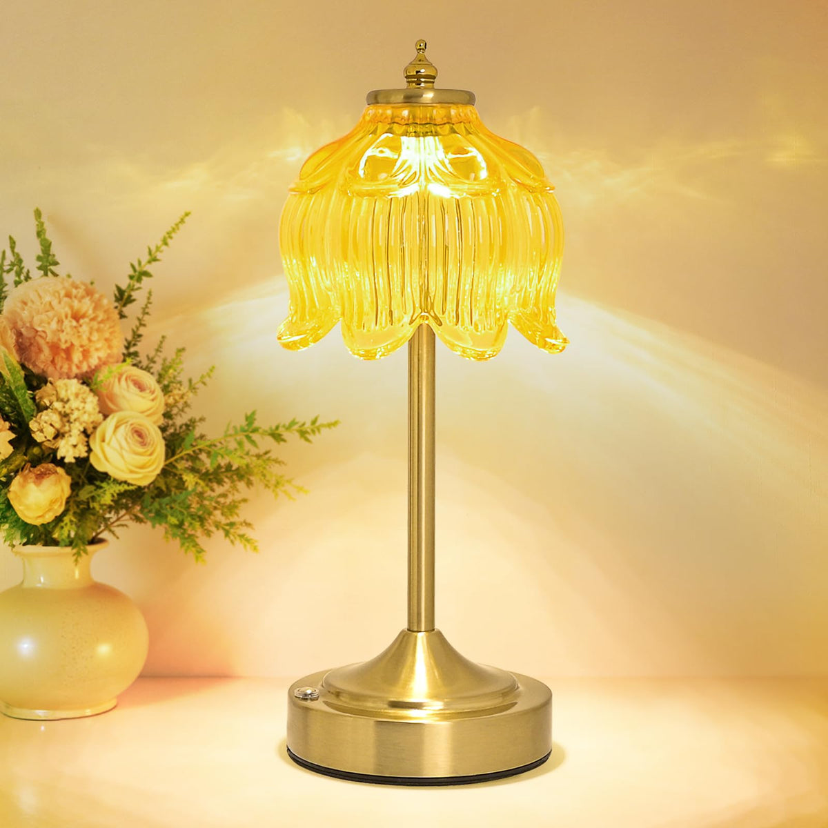 Cordless Table Lamp, Rechargeable Amber Glass Lotus Flower Lamp