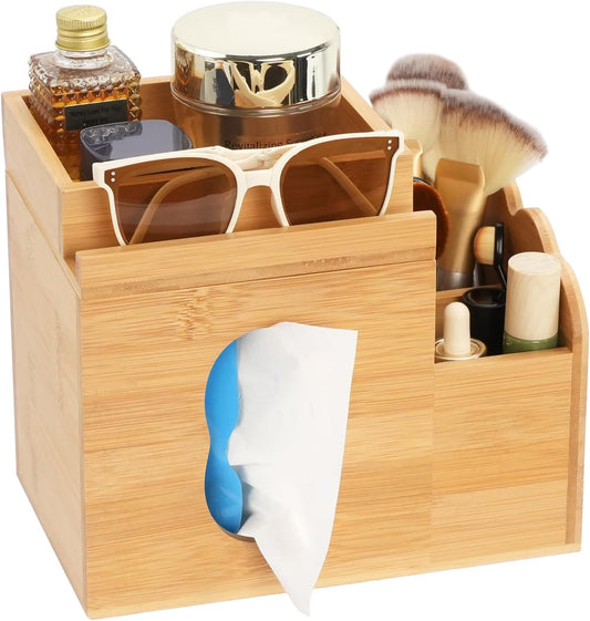 Tissue Box Cover with Storage Tray, Bamboo Multifunctional Square Tissue Holder with Makeup Organizer and Phone Holder, Remote Control Holder for Bathroom Desktop Dinner Table Bedroom