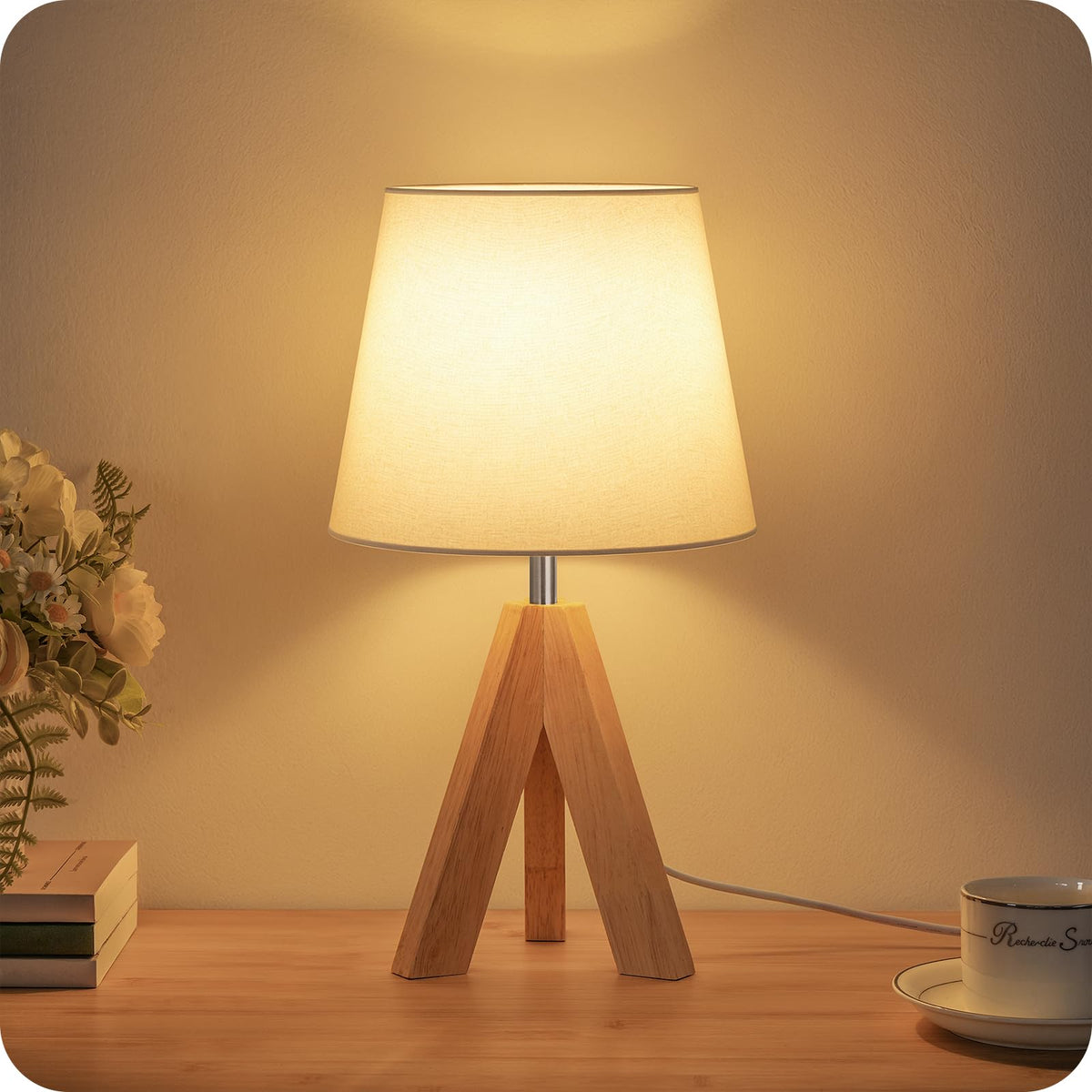 Tripod Table Lamp, 14.6 Inch Small Bedside Lamp with Beige Linen Shade, Modern Nightstand Lamp for Bedroom, Kids Room, Living Room, Nursery, Office, E26 Socket, Dark Wood Base, LE51TL05