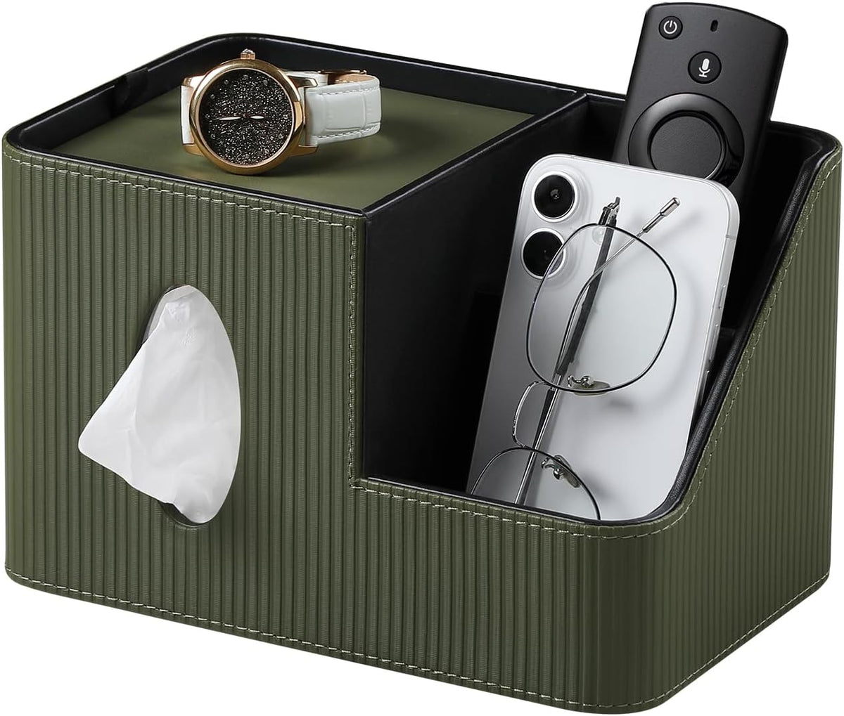 PU Leather Square Tissue Box Cover with Magnetic Closure, Tissue Holder with Storage Tray & Remote Control Organizer, for Nightstand, Living Room, Bathroom, Office Desk (Green Stripes)