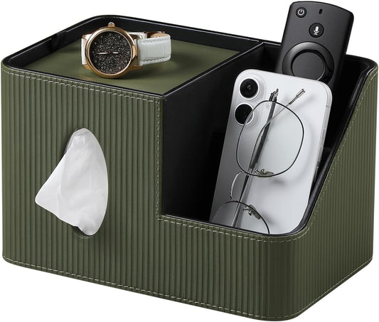 PU Leather Square Tissue Box Cover with Magnetic Closure, Tissue Holder with Storage Tray & Remote Control Organizer, for Nightstand, Living Room, Bathroom, Office Desk (Green Stripes)