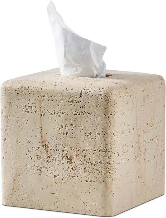 Natural Travertine Textures Tissue Box Cover Square for Home Decor,Resin Heavy Tissue Box Holder for Bathroom Countertop,Tabletop,Bedside Table,Office (Handmade of Resin)