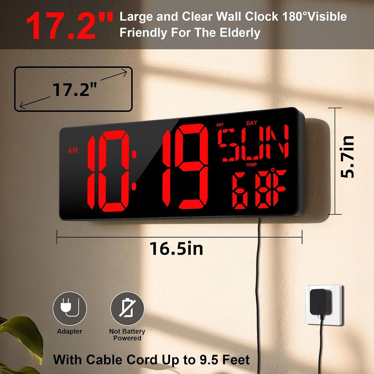 17.2"Large Digital Wall Clock Large Display with Remote Control 180°Visible