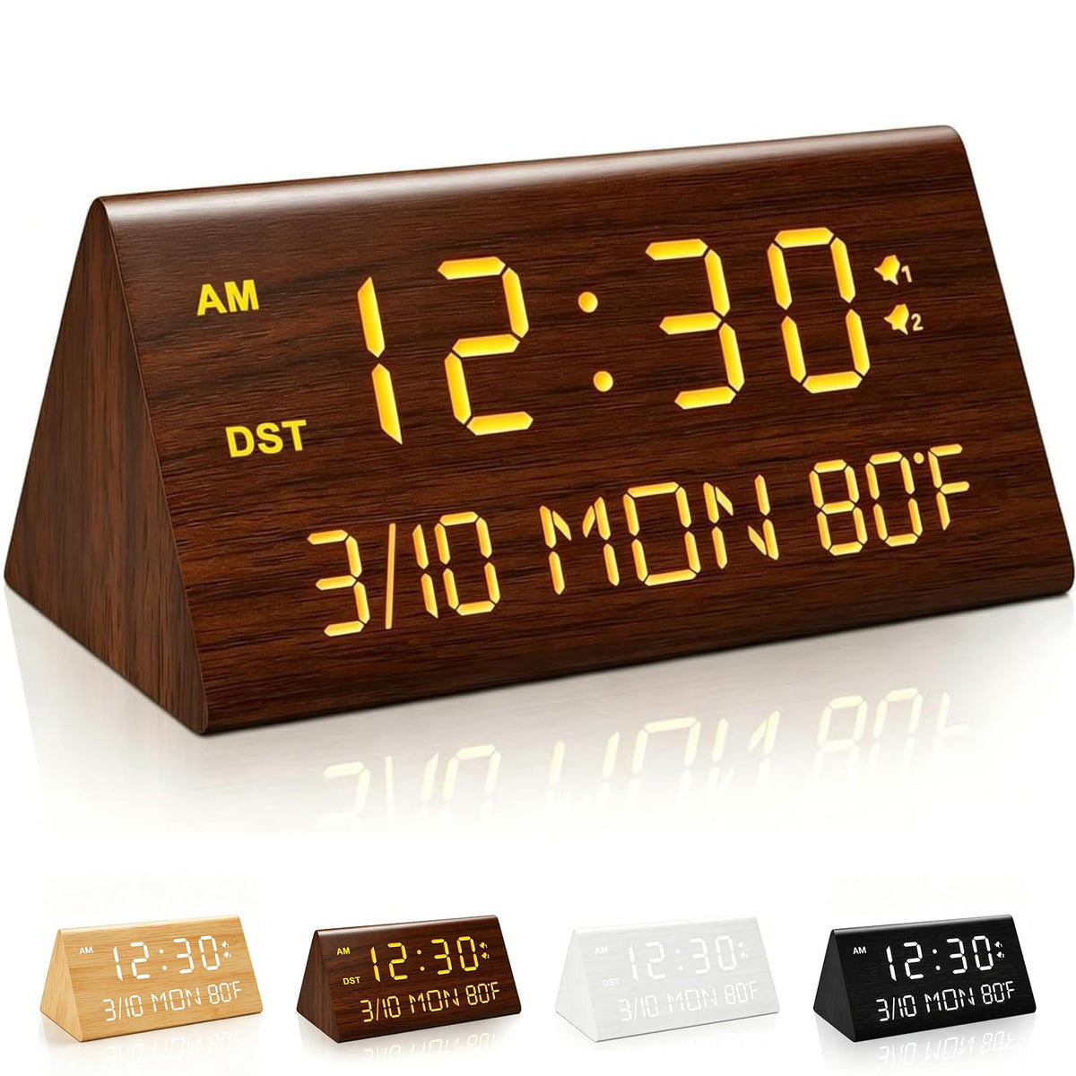 Premium Wooden Digital Alarm Clock with USB Charging Ports, Dimmable LED Display, Date, Day of Week, Temperature, DST, Clocks for Bedrooms, Desk, Nightstand, Bedside, Table, Office, Living Room Decor