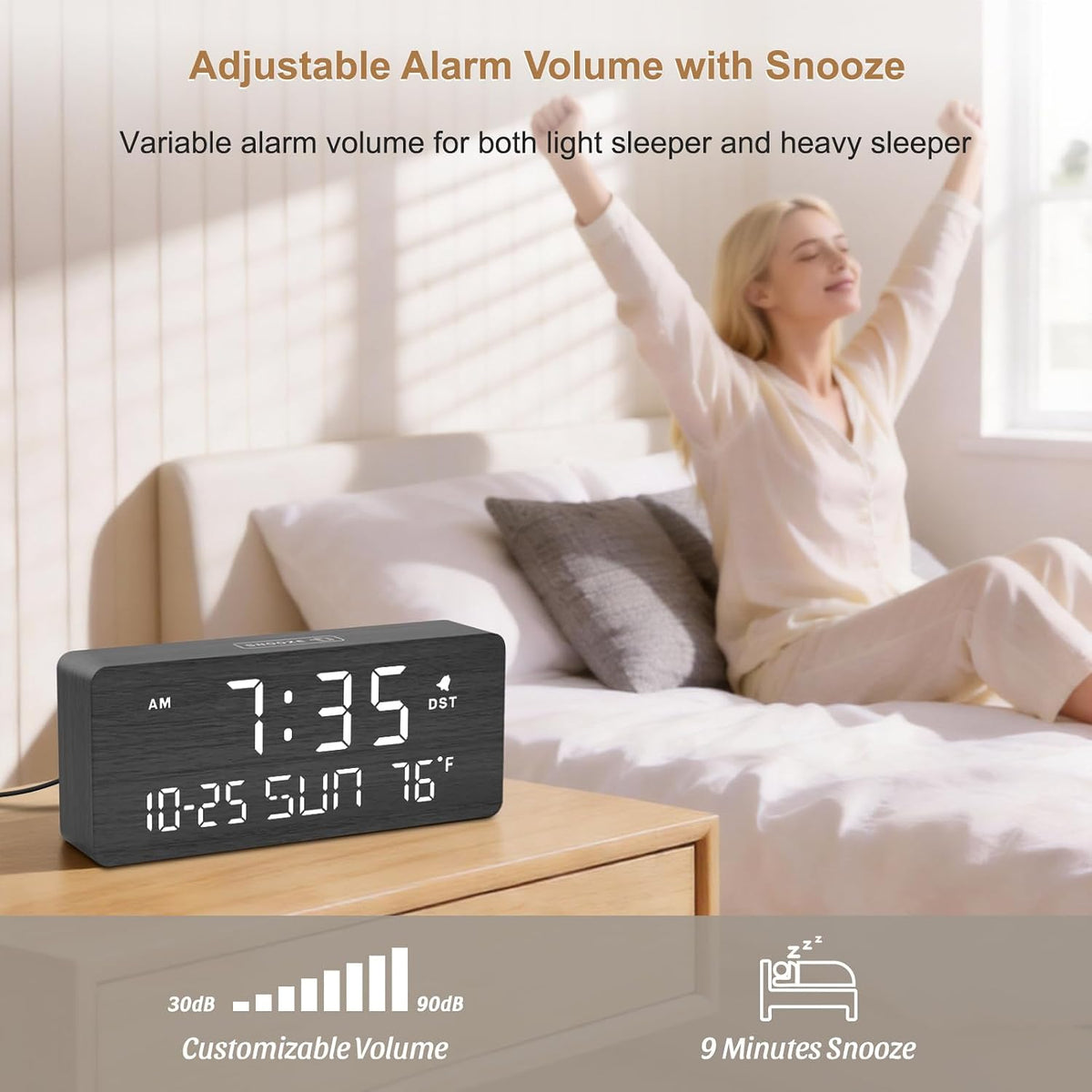 DreamSky Wooden Digital Alarm Clocks for Bedrooms with Date & Day of Week