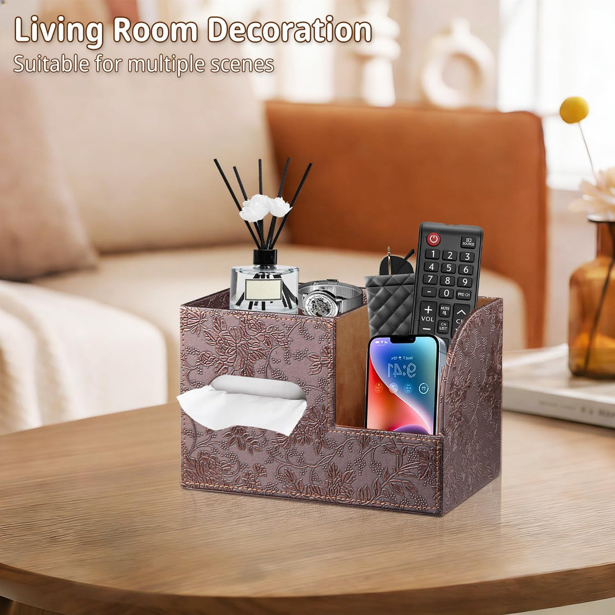 PU Leather Square Tissue Box Cover with Storage Tray,Cube Tissue Box Holder
