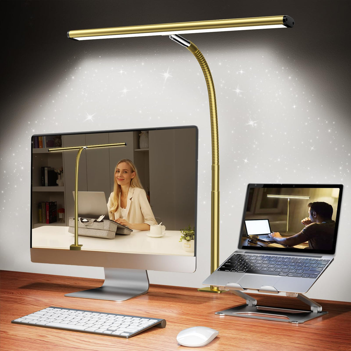 Airlonv LED Desk Lamp with Clamp, 17" Stepless Dimming Light, Black