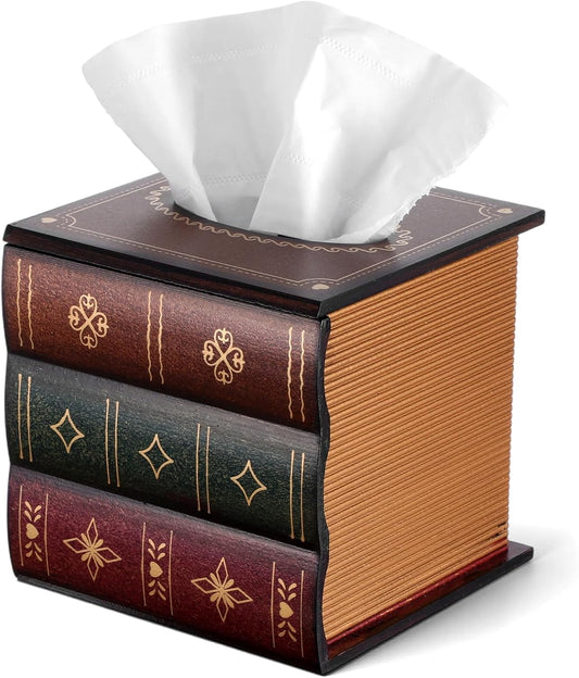 Vintage Book Tissue Box Cover, Unique Wooden Tissue Box, Antique Book Themed Decor Napkin Holder Home Books Themed Decor Shaped Boxes for Bathroom Living Room Office Car Kitchen (Brown)
