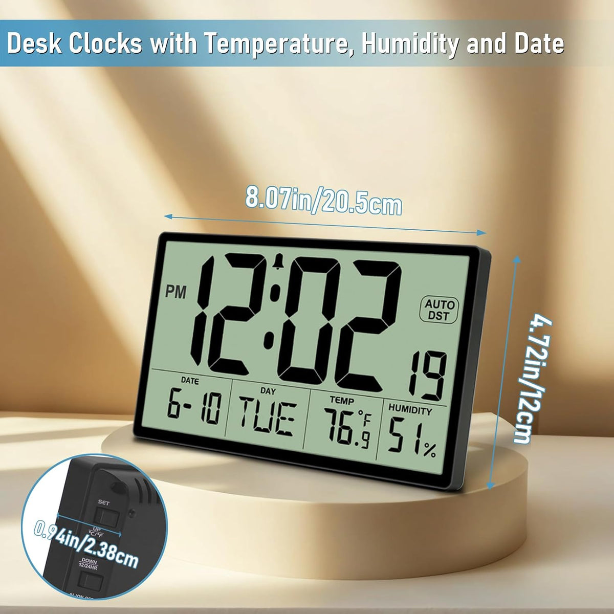 9‘’ Narrow Bezels Battery Operated Digital Wall Clock with Temp & Humidity
