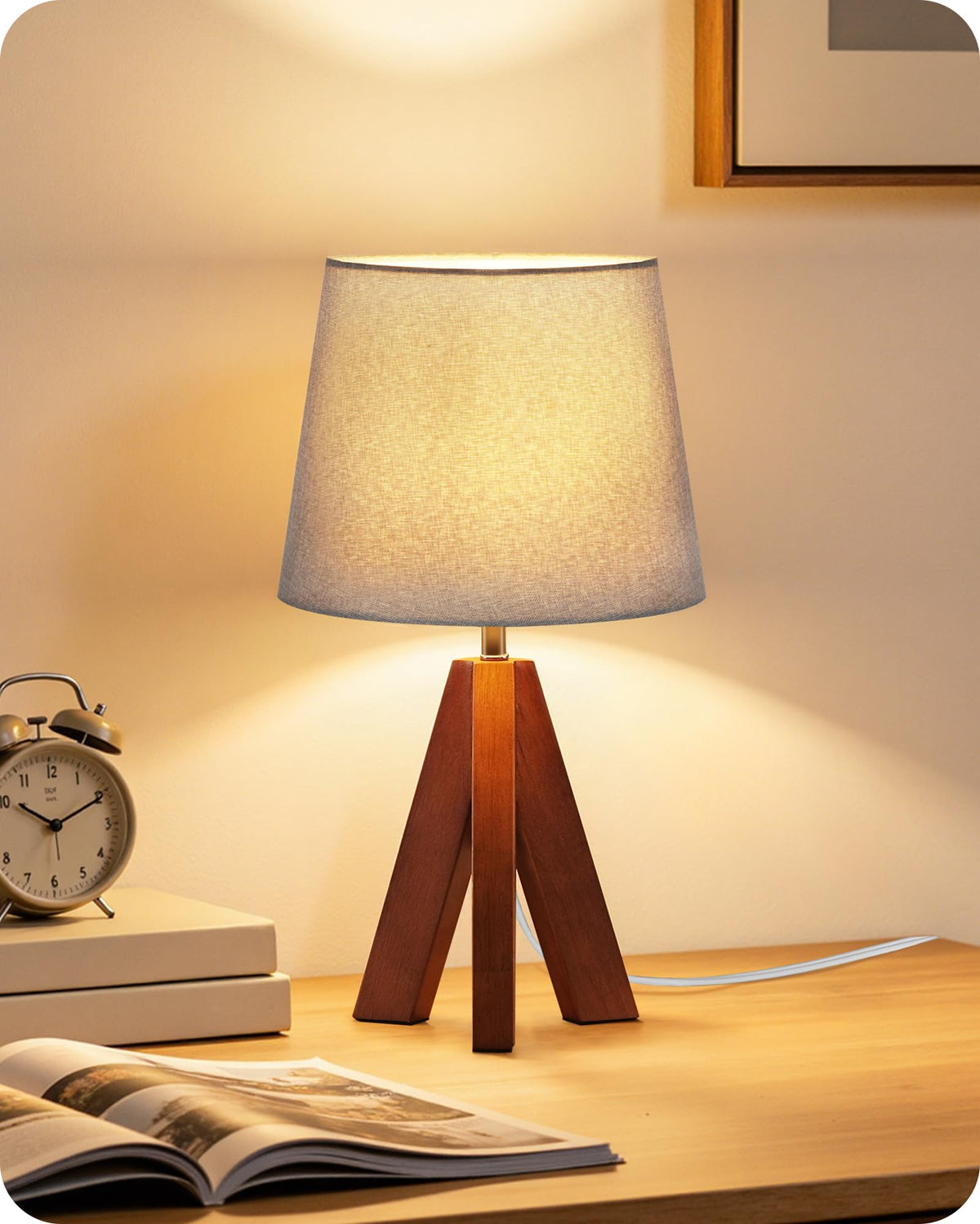 Tripod Table Lamp, 14.6 Inch Small Bedside Lamp with Beige Linen Shade, Modern Nightstand Lamp for Bedroom, Kids Room, Living Room, Nursery, Office, E26 Socket, Dark Wood Base, LE51TL05