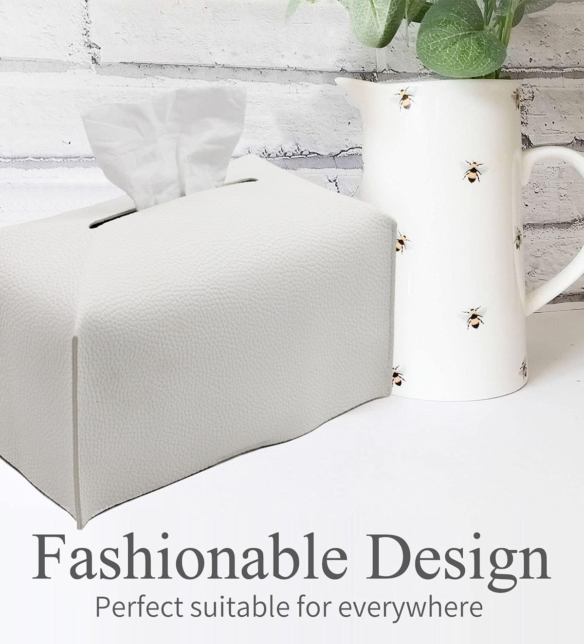 Livelab Tissue Box Cover, Modern Decorative PU Leather Rectangular Tissue Box Case Organizer Holder for Vanity Countertop, Night Stands, Livingroom, Office Desk & Car 9.5X5X5'' | Off White