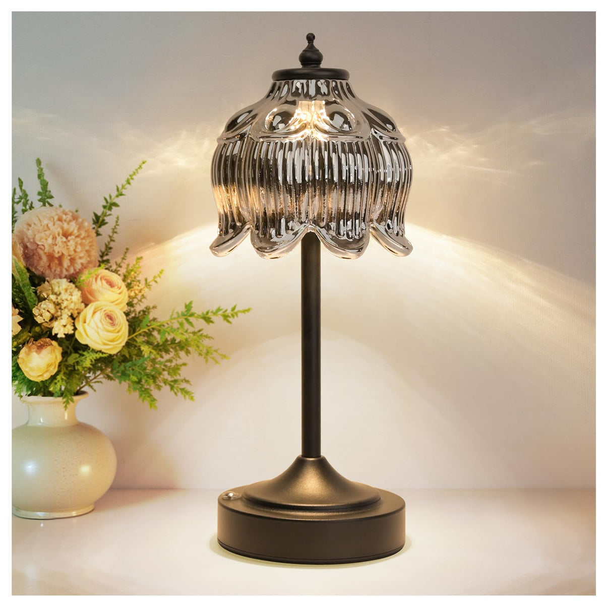 Cordless Table Lamp, Rechargeable Amber Glass Lotus Flower Lamp