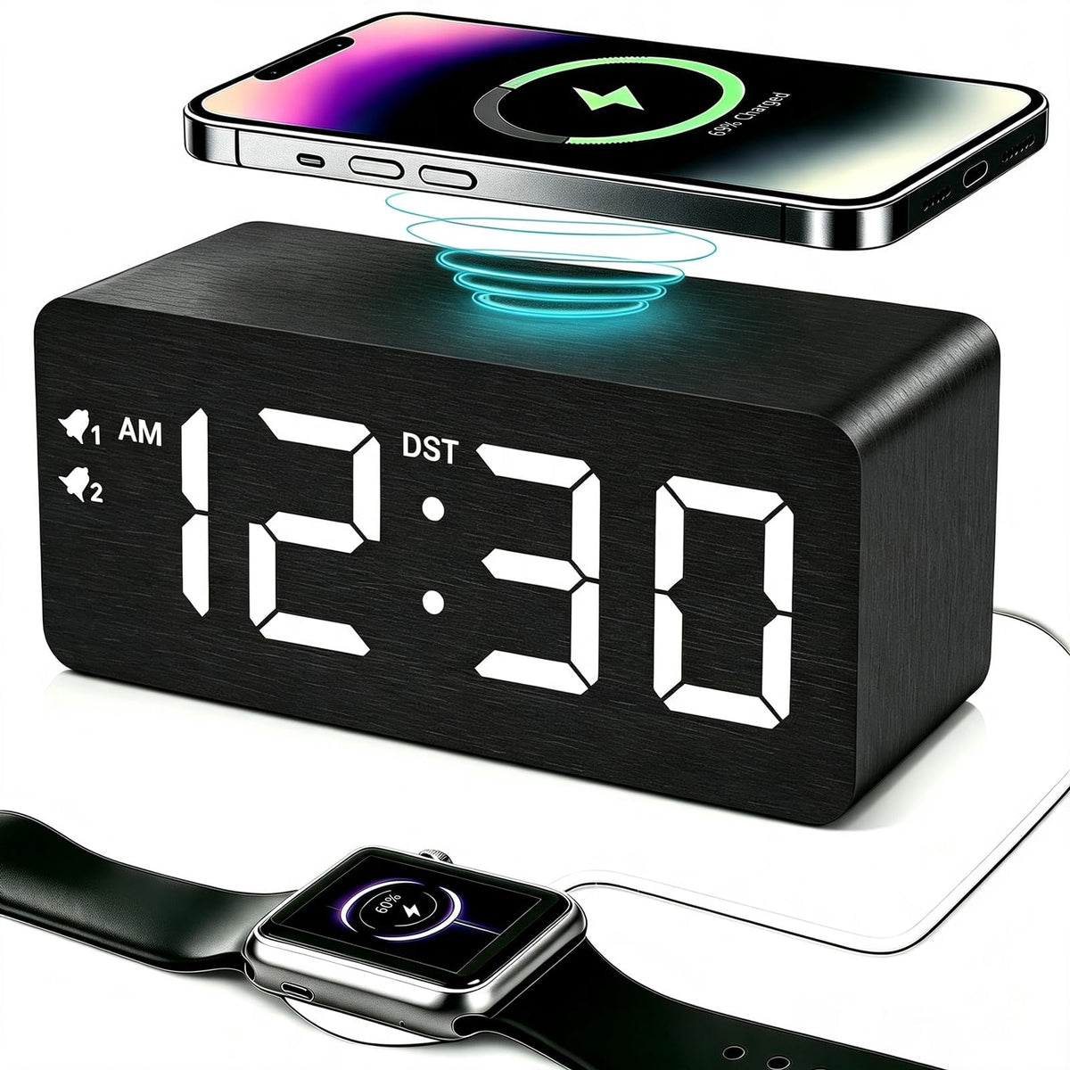 URAYCO Wooden Digital Alarm Clock, 10W Fast Wireless Charger Station & 2 USB Charging Ports, with 0~99% Dimmer, Dual Alarm, Weekday/Weekend Mode, Wood LED Clock for Bedroom, Desk, Office