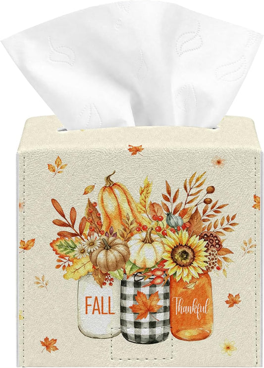 Fall Tissue Box Cover, Autumn Square Tissue Box Cover, PU Leather