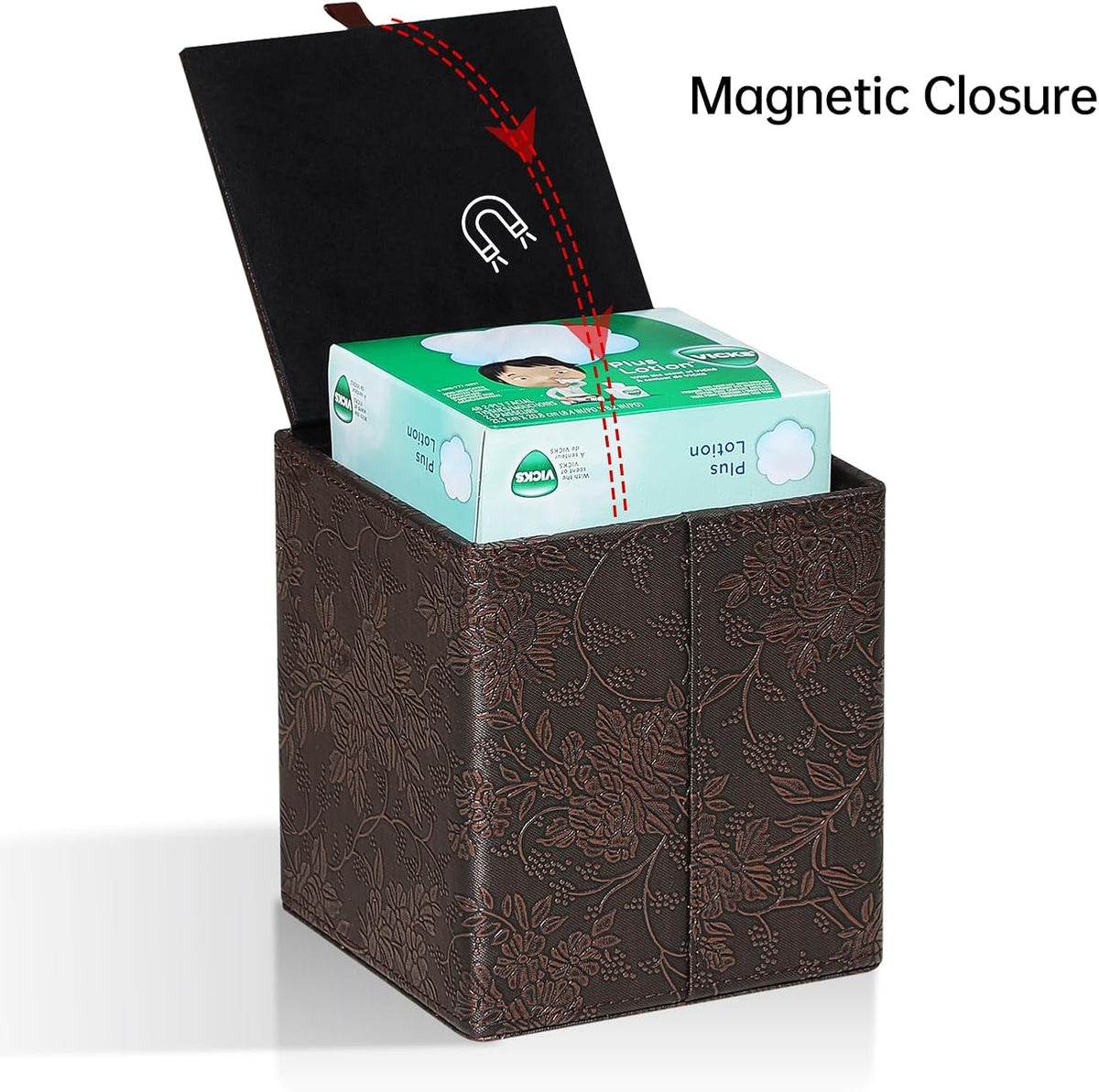 Square Tissue Box Cover, Stylish Leather Tissue Box Holder with Magnetic Bottom, Used As A Decorative Tissue Holder for Living Rooms, Bedrooms, and Desks (Brown Grape Pattern)