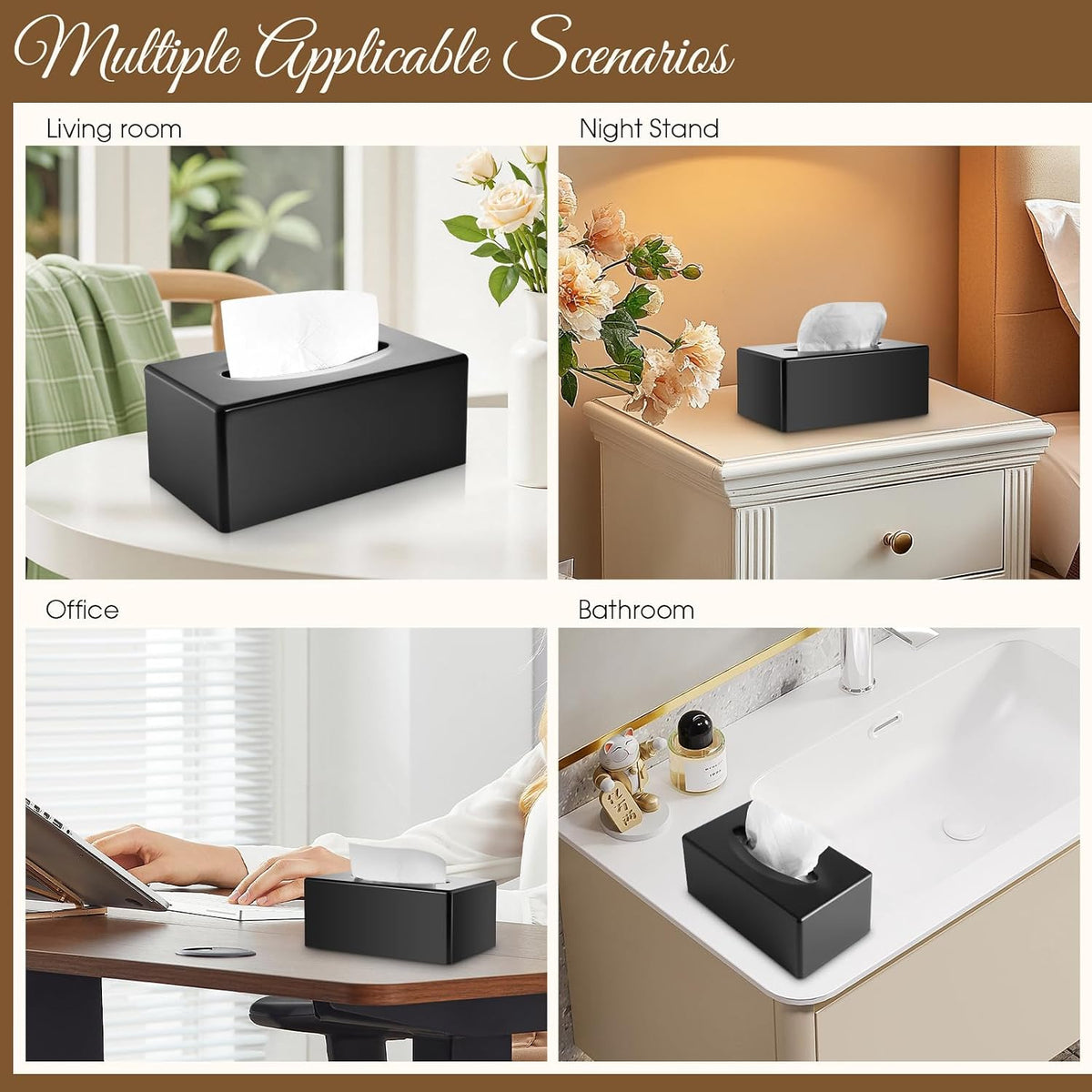 Y-in Hand Tissue Box Cover, Rectangle Facial Tissue Holder with Bottom, Decorative Storage Organizer Box for Bathroom Vanity, Countertops, Dressers, Night Stand, Parlors and Offices - Matte Black
