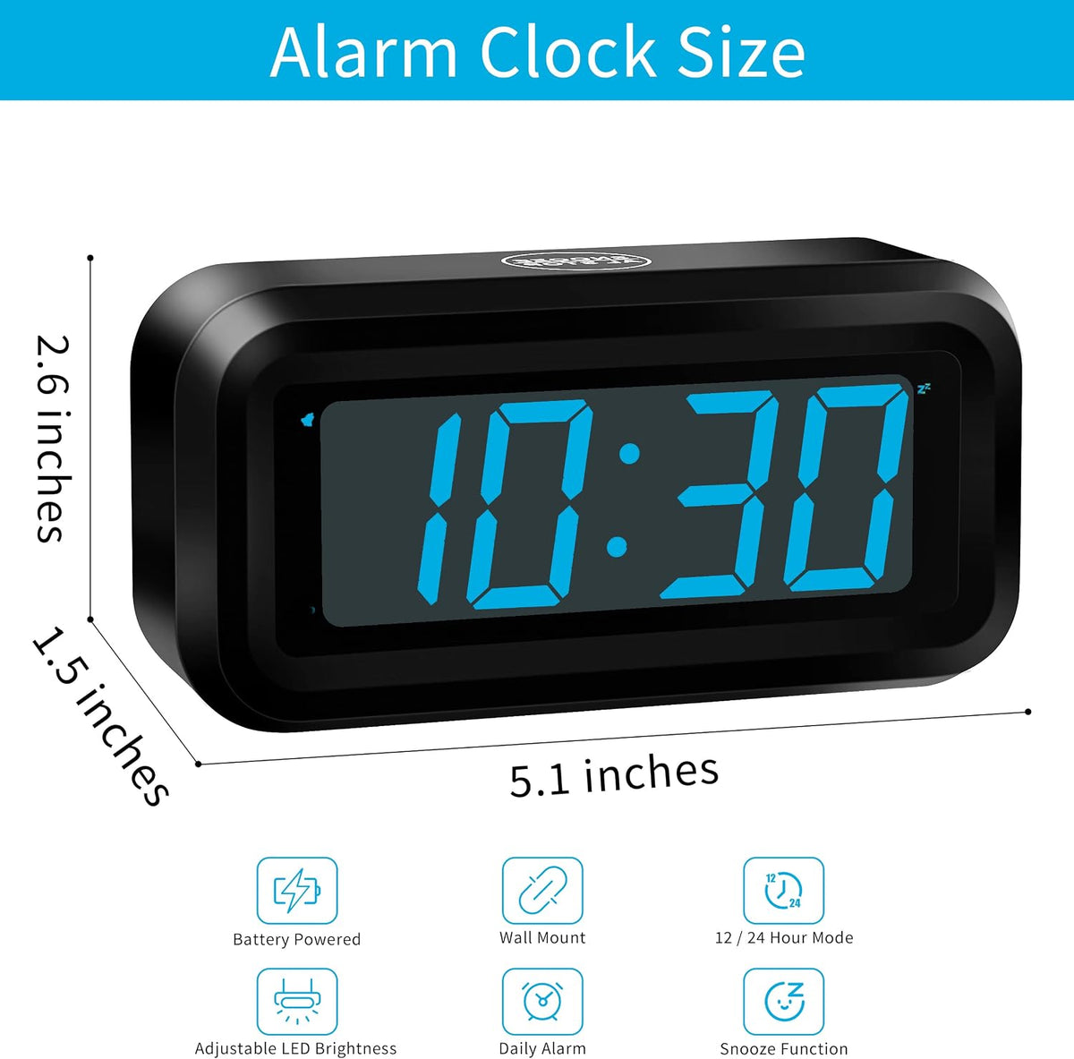 Alarm Clock,1.2'' LED,Cordless,Battery Powered,Snooze,Table-top/Wall-mount