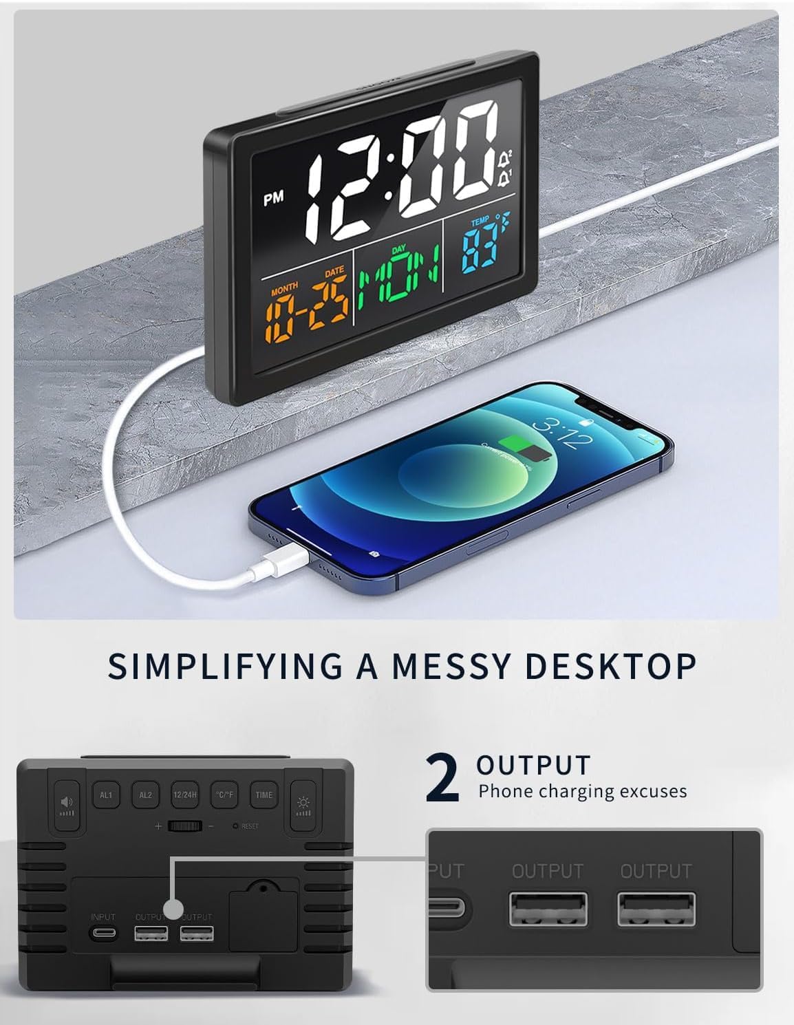 JALL Digital Clock with Date Day for Seniors, Electric Alarm Clocks for Bedrooms with Temperature, 2 Alarms, Dimmer, Dual USB Charger, Battery Backup, Volume Control, Snooze, Bedside Desk Clock, Black