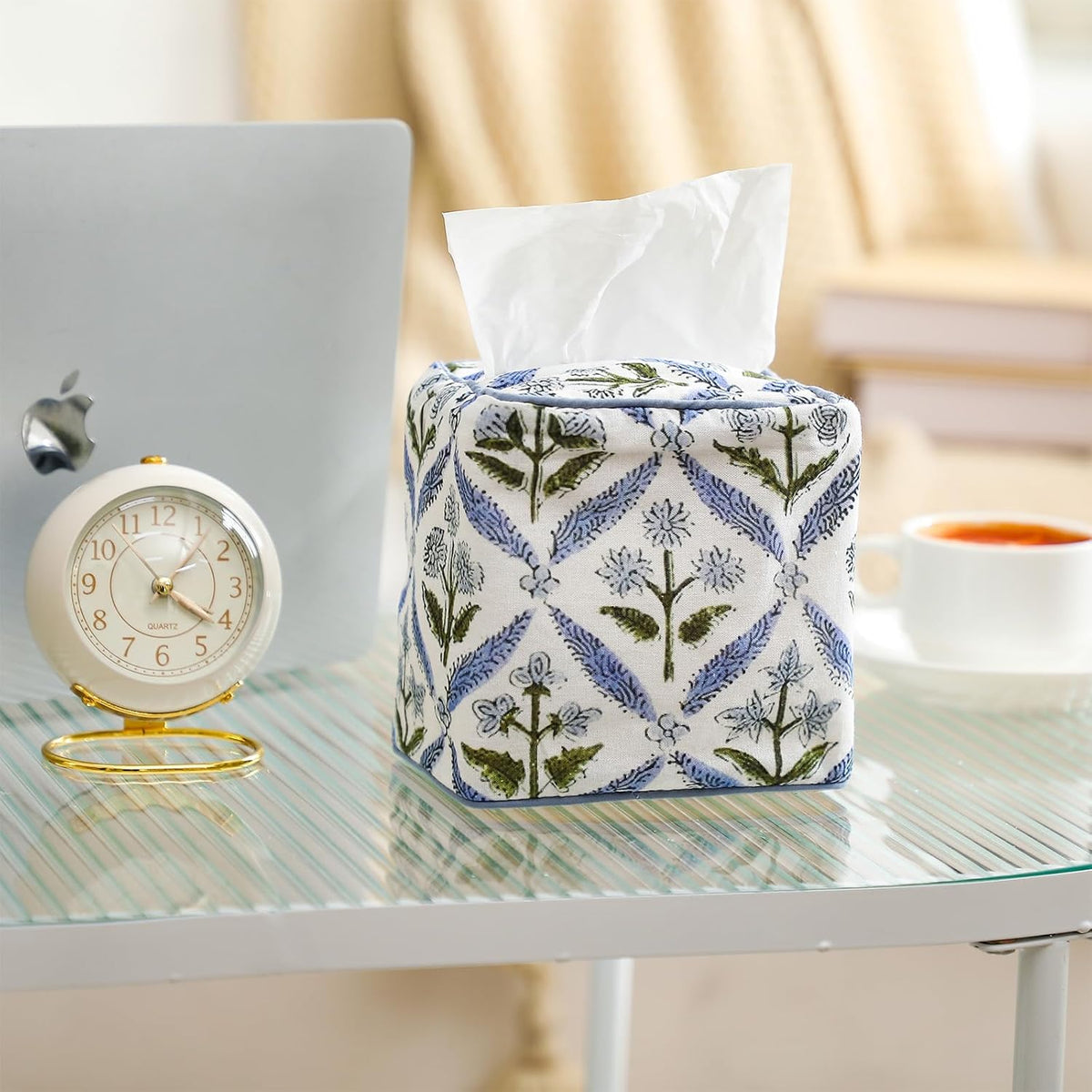 Mimorou Fabric Tissue Box Cover Floral Print Tissue Box, Blue