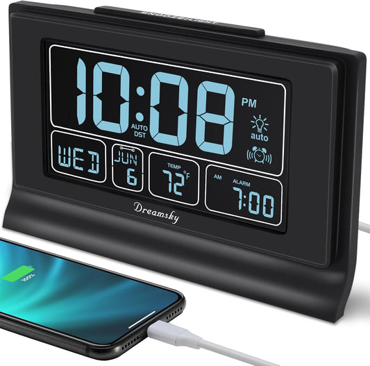 DreamSky Alarm Clocks for Bedrooms with Battery Backup, Auto Set