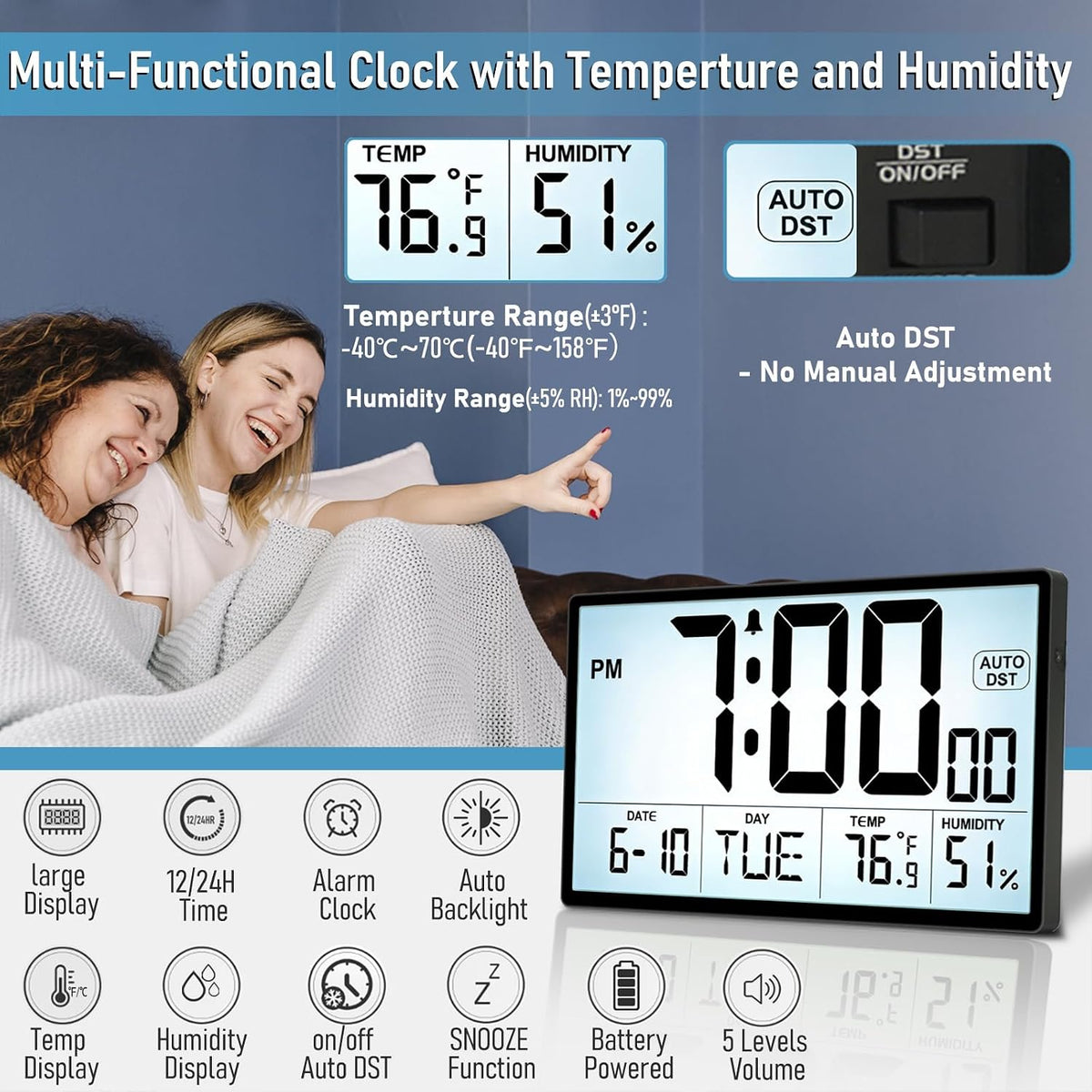 Adjustable Backlight 9'' Narrow Bezel Digital Wall Clock,Wall Mount/Desktop