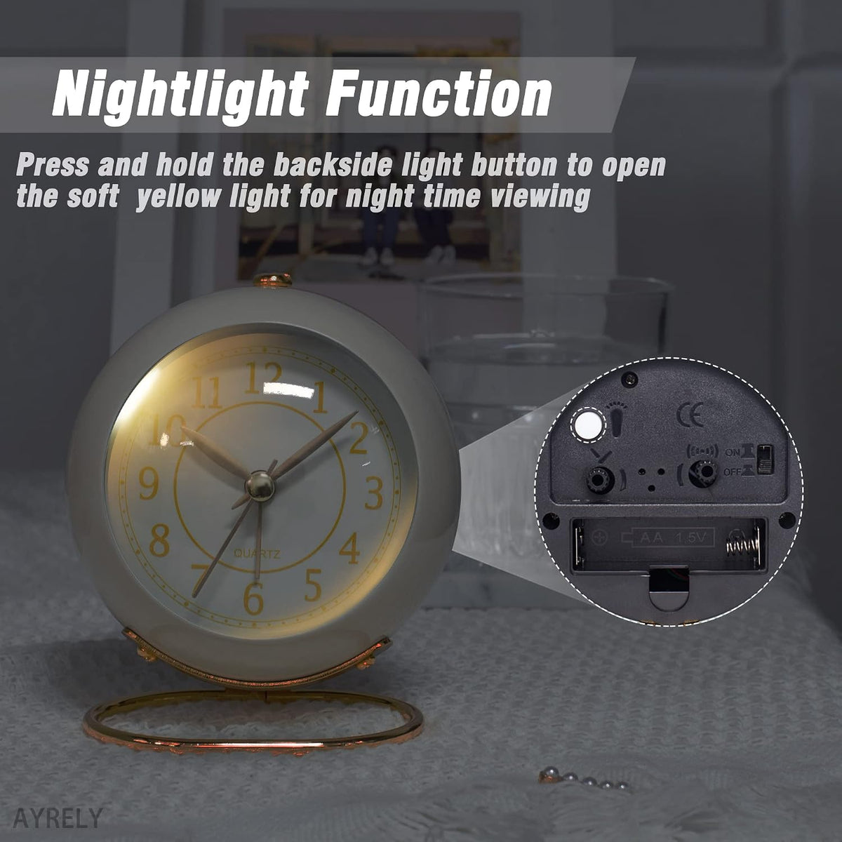 AYRELY® Battery Operated Analog Desk Alarm Clock with Light, Table Clock