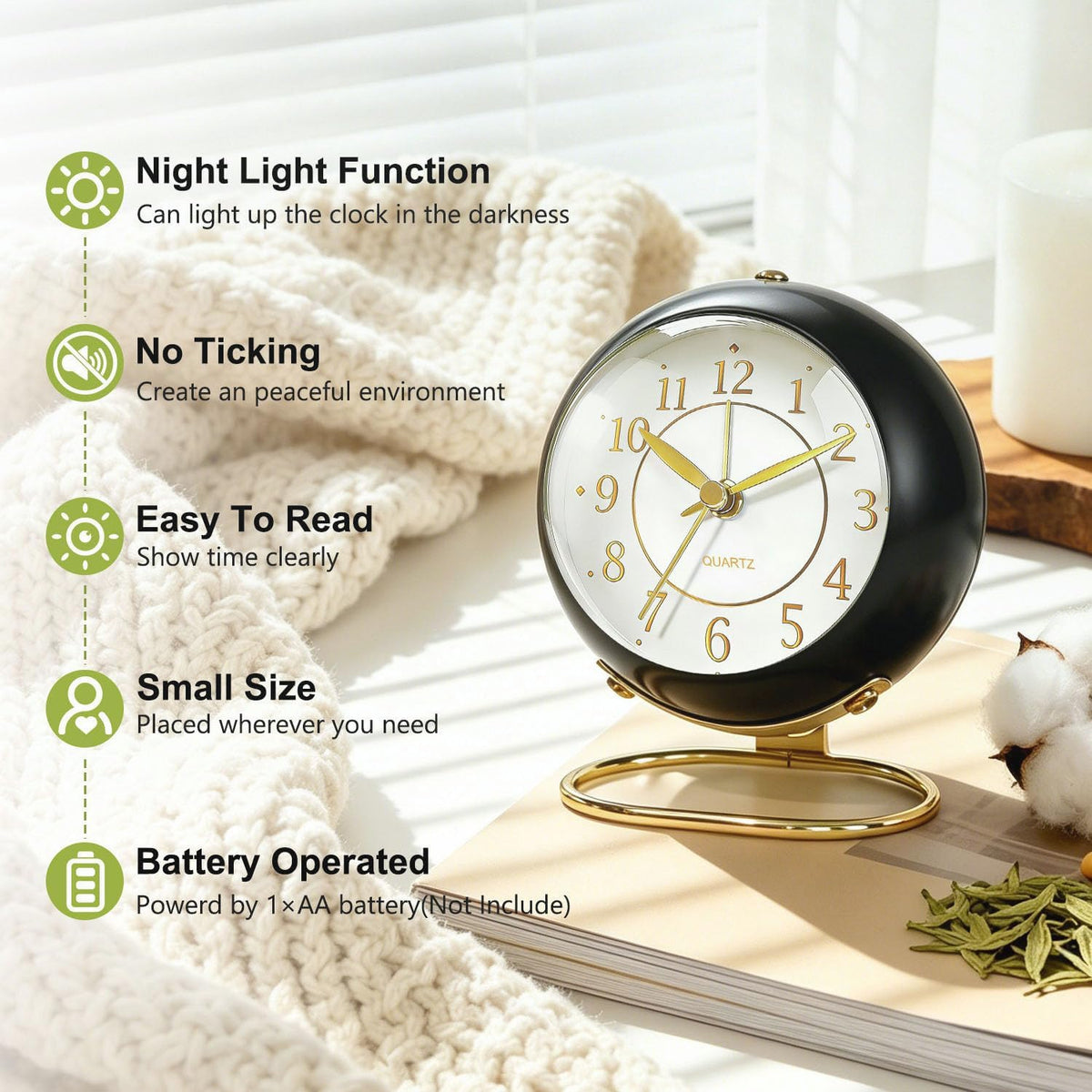 Analog Alarm Clock, Retro Small Desk Clock with Night Light, Backlight Cute Simple Design, Silent Non-Ticking, Battery Powered, for Bedroom,Travel,Kitchen,Bedside Desktop Decor