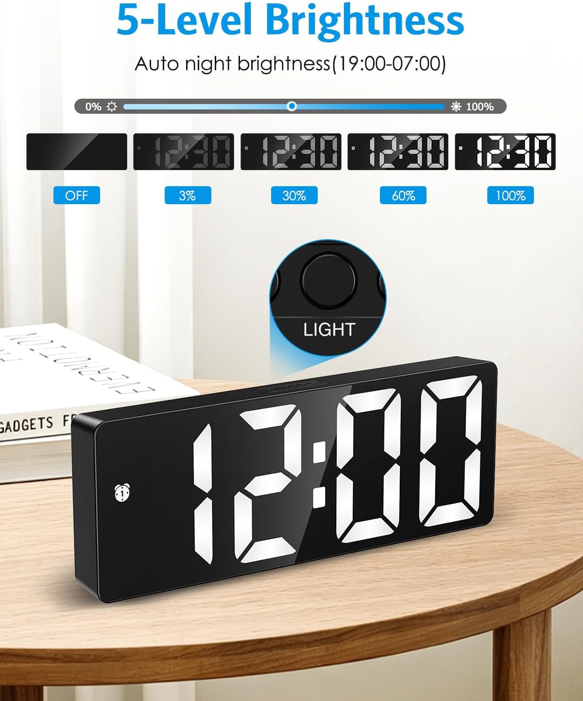 AMIR Digital Alarm Clock, Large Display LED Bedside Clock for Bedroom
