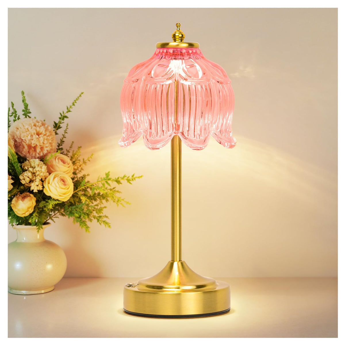 Cordless Table Lamp, Rechargeable Amber Glass Lotus Flower Lamp